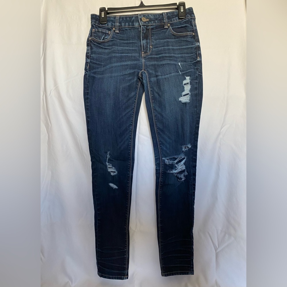 White House Black Market Skinny Leg Jeans Women Size 2R Blue Distressed Stretch